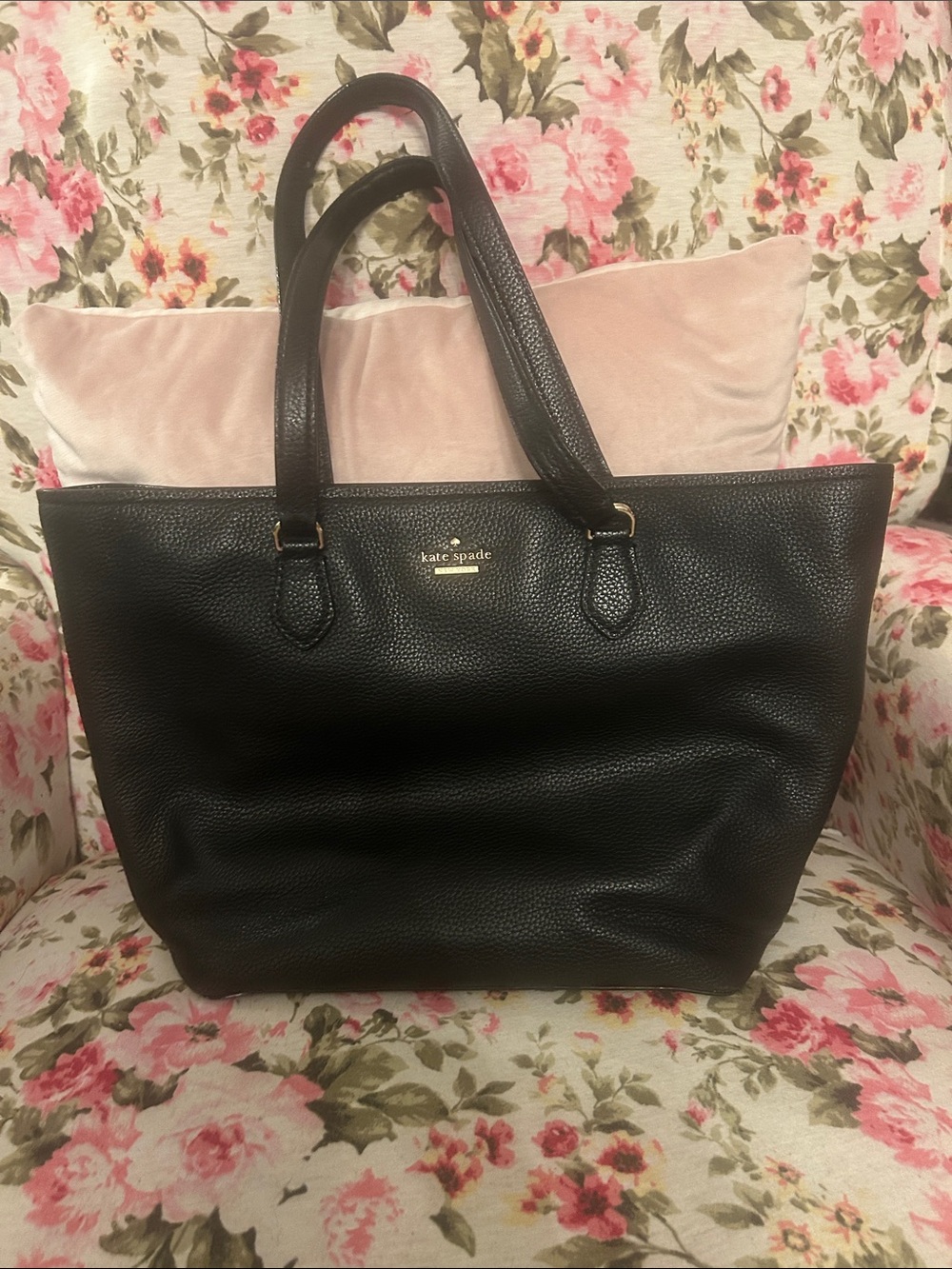 kate spade Black Pebbled Leather Tote with Gold Logo